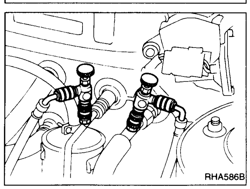 Adapter valve handle operation diagram: turning clockwise closes (left view), turning counterclockwise opens (right view), with text 'Connect to charging hose' between them and 'On-vehicle service valve' below.