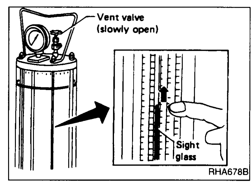 Top of charging cylinder showing the vent valve (slowly open) with a hand opening it, and a close-up of the sight glass with the refrigerant level visible.