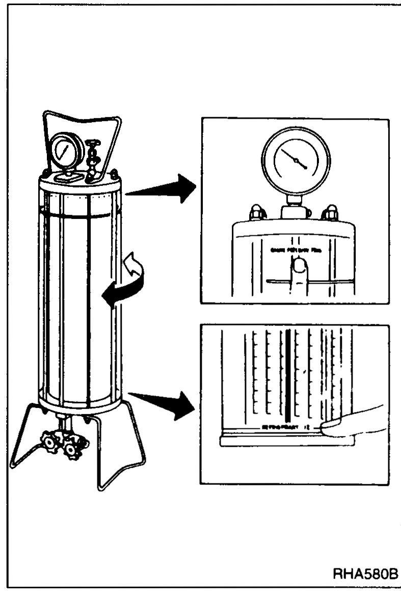 Charging cylinder full view with insets showing the upper pressure gauge and the R12 charging scale on the sight glass.