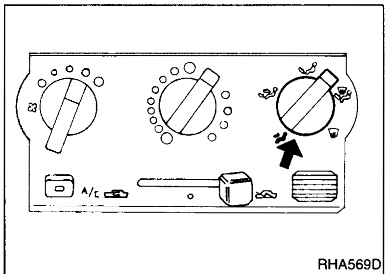 A/C control panel close-up with arrows pointing at the air-control (mode) dial on the right showing the dial being rotated through positions vent / B/L / foot / defrost.