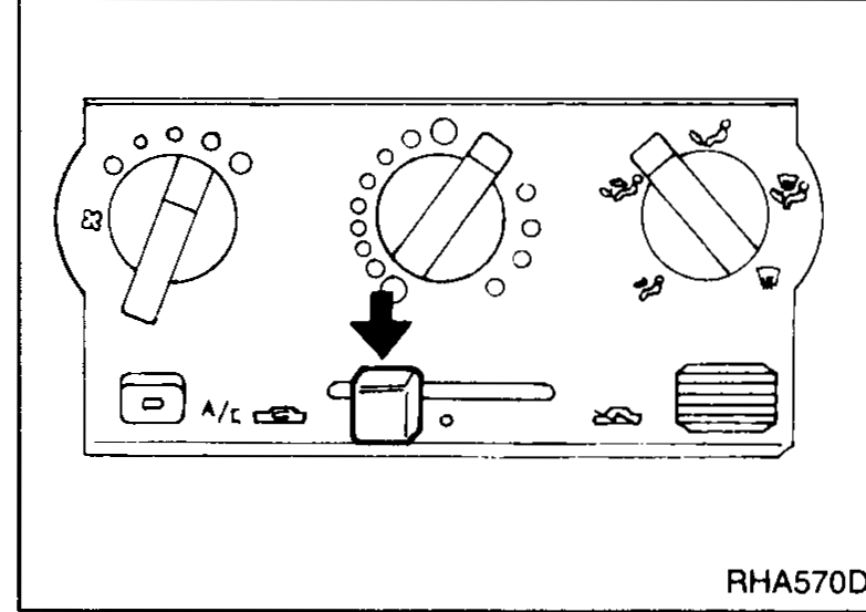 A/C control panel close-up with an arrow pointing down at the intake-mode lever (centre slider) being moved to the RECIRC position.