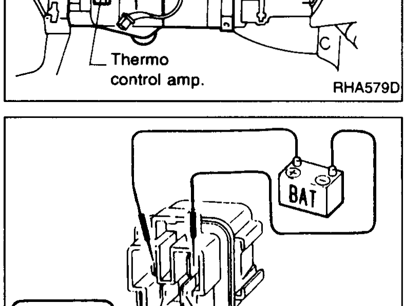 Engine compartment view showing the cooling unit (evaporator housing) with callouts for the thermo control amp. mounted on the cooling unit and the harness routing.