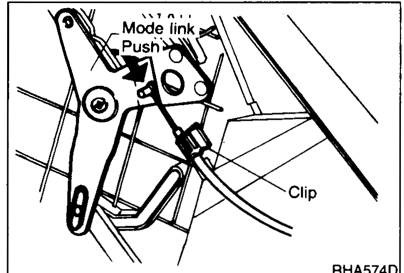 Heater unit air-control cable adjustment: arrows showing 'Push' on cable outer and side link, mode link visible, clip securing cable, with the system positioned in DEF mode.