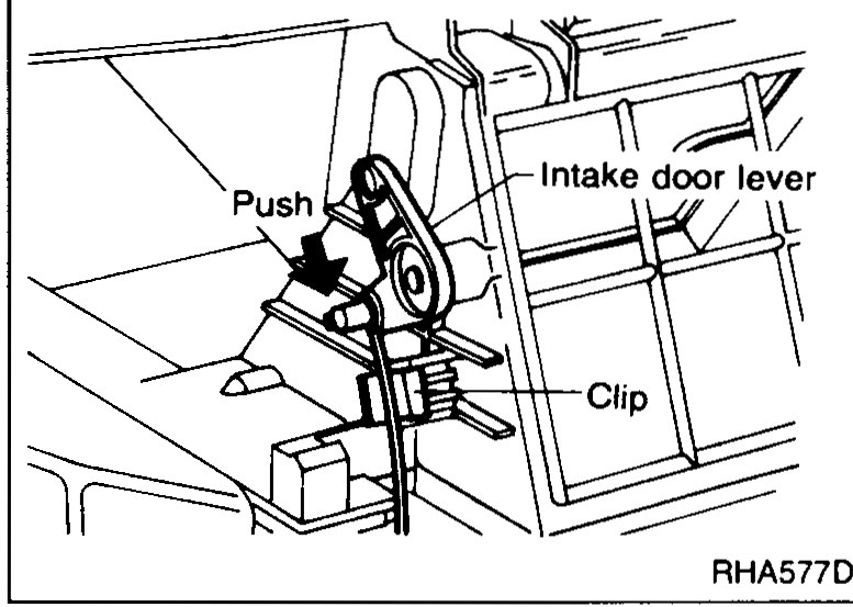 Temperature control cable adjustment at the air-mix door lever: arrow shows 'Push' on the cable outer with the air-mix door lever in full hot position and clip retaining the cable.