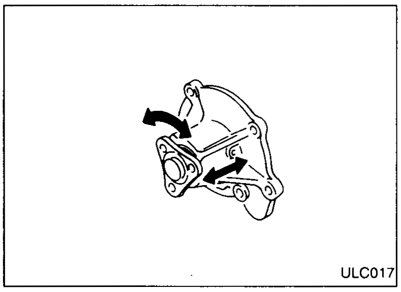Photo of the water pump body alone with two arrows highlighting the impeller vanes inside the pump cavity, indicating points to check for rust, corrosion or damage.