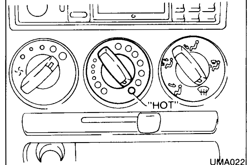 Heater control panel showing three rotary controls. Center control labeled HOT — illustrating turning the heater TEMP control all the way to HOT.