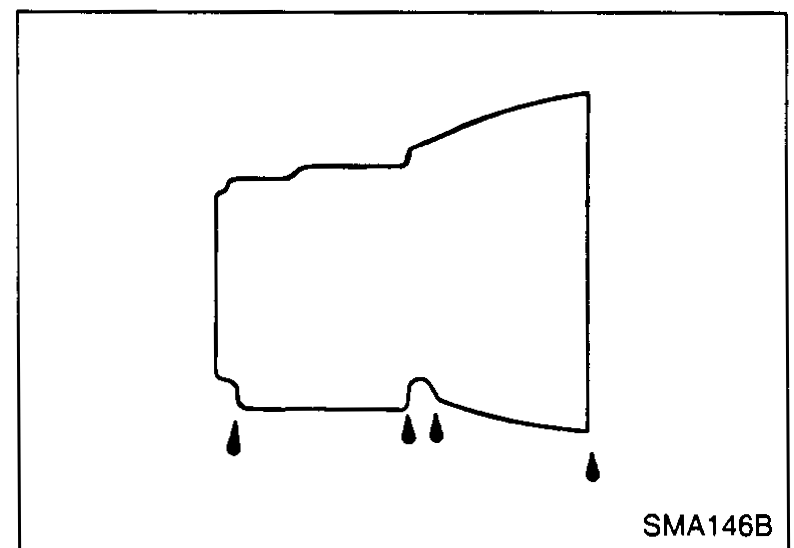 Schematic outline of the transaxle housing with three arrows pointing downward beneath it, indicating points where fluid may leak / drip from the unit. Used to illustrate checking for fluid leakage.