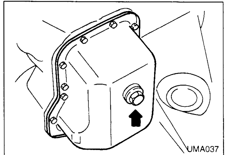 View of the transaxle (CVT) cooler hose connection area on the side of the case, with an upward-pointing arrow indicating the cooler hose return-side port used to drain/refill CVT fluid.