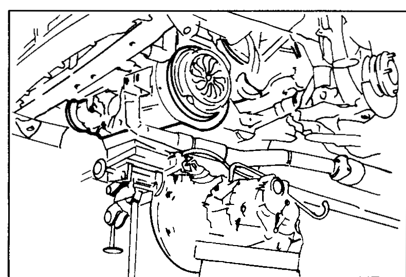 Engine being supported from below with a jack positioned under the oil pan area; drive shafts being drawn out from the transaxle.