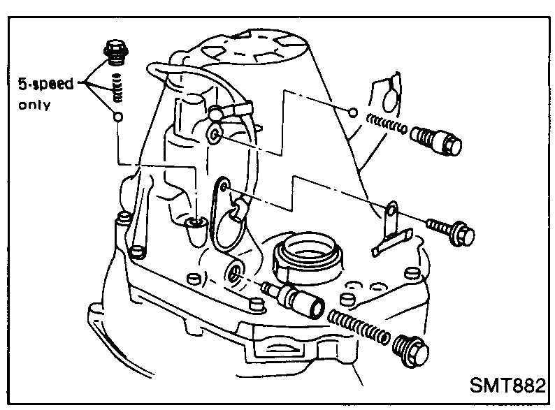 Transaxle case exterior with bolts and plugs to be removed before separating the case. A '5-speed only' callout points to one bolt at the top.