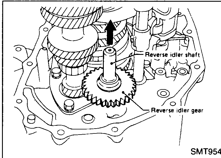Reverse idler gear and shaft being lifted out of the transaxle; arrow indicates upward removal direction.