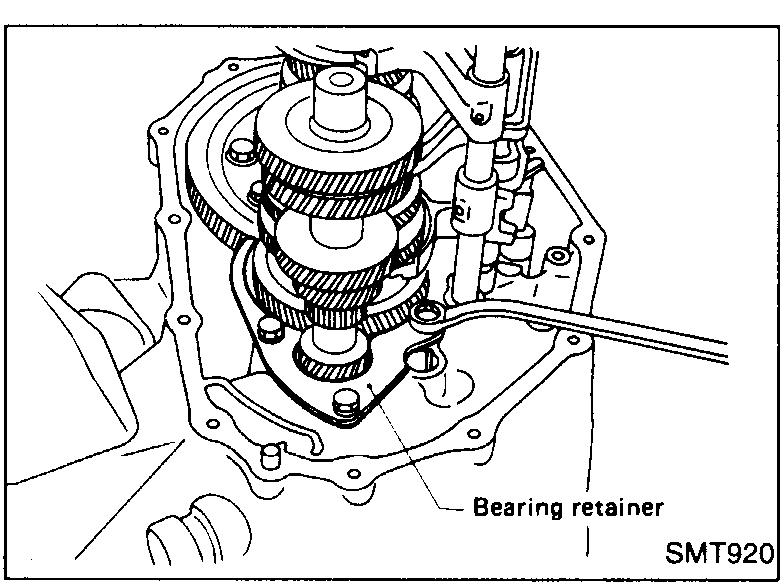 Bearing retainer being removed from the transaxle case with a tool.
