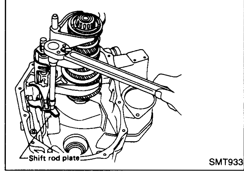 Bolts holding the shift rod plate being removed from the case; input shaft, mainshaft, shift forks and fork rod come out as a unit.