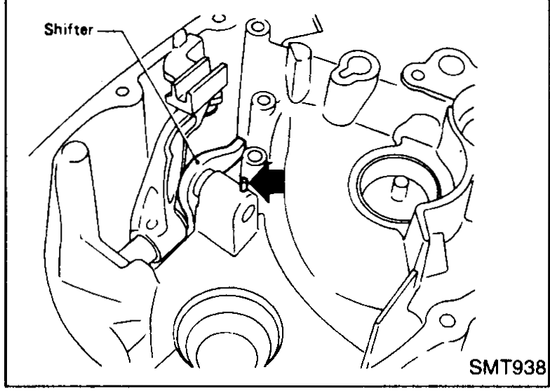 Retaining pin being driven out of the shifter; arrow indicates direction.