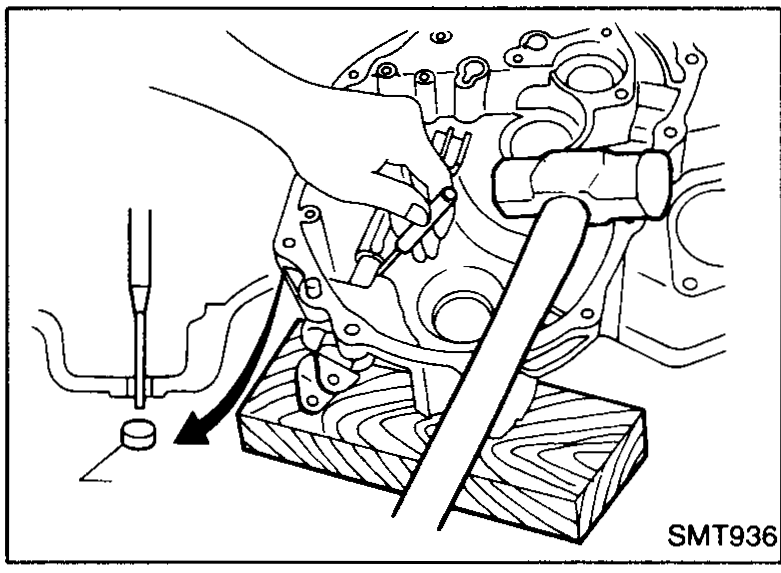 Welch plug being removed from the case (driven inward or pried out) to gain access to the retaining pin that holds the select lever to the select inner lever.