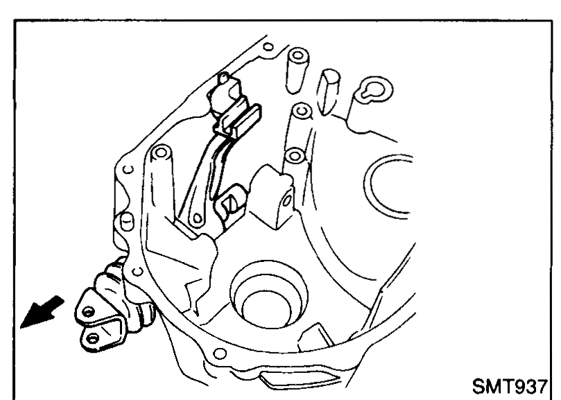 Inside view of the clutch housing showing the select lever and striking rod being withdrawn; an arrow at the lower-left indicates the removal direction.