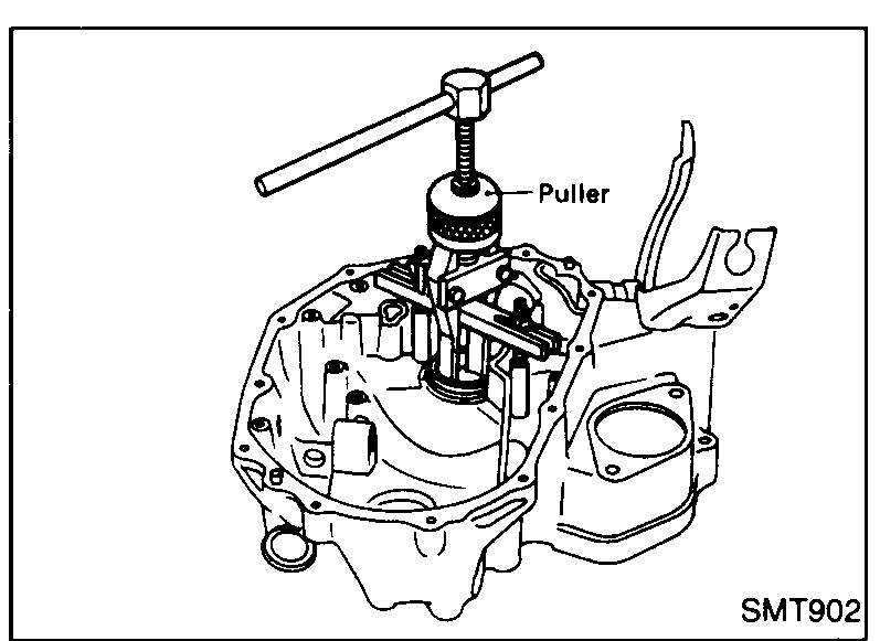 Slide hammer / puller with thinner pawls being used to extract the mainshaft front bearing outer race from the transmission case (to avoid damaging the oil channel).
