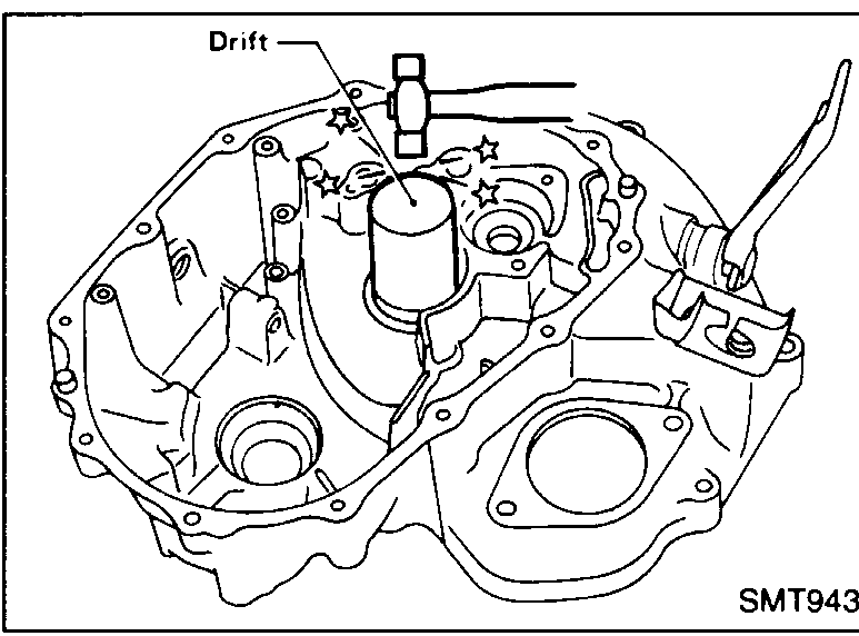 Inside the transmission case showing the new oil channel being installed; arrows indicate alignment of the cutout portion with the oil groove in the case.