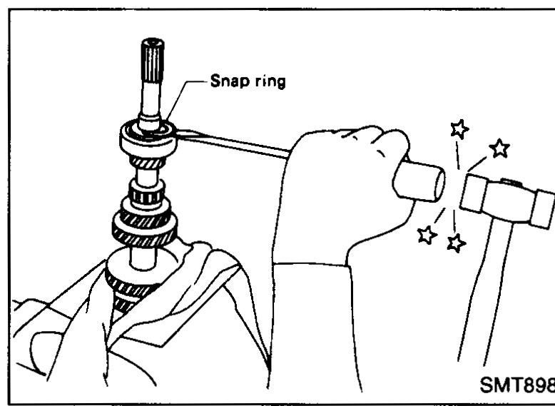 Snap ring being installed on input shaft above the input gear spacer; star markers indicate mating points / tap with hammer for seating.