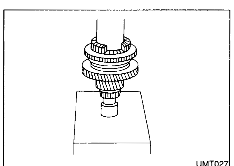 Press fixture pressing the 1st & 2nd synchronizer hub onto the mainshaft; arrow indicates installation direction.