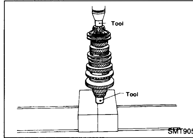 Press fixture with two tools shown (top and lower) used to install the mainshaft front and rear bearing inner races onto the assembled mainshaft.