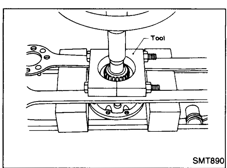Differential case in fixture; a special tool ('Tool') is being used to drive out the differential side bearing inner races.