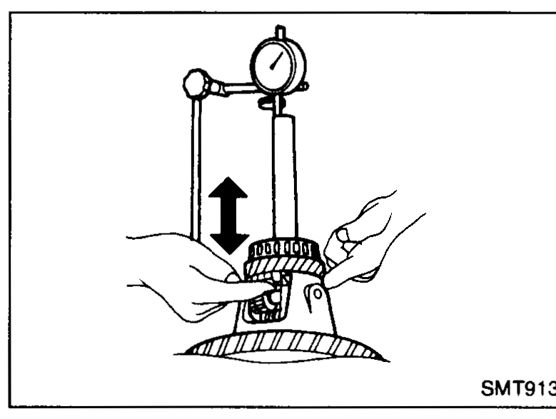 Differential case held in a fixture with special tool KV38106100 and a dial gauge installed on the side gear to measure clearance between side gear and pinion mate gear.