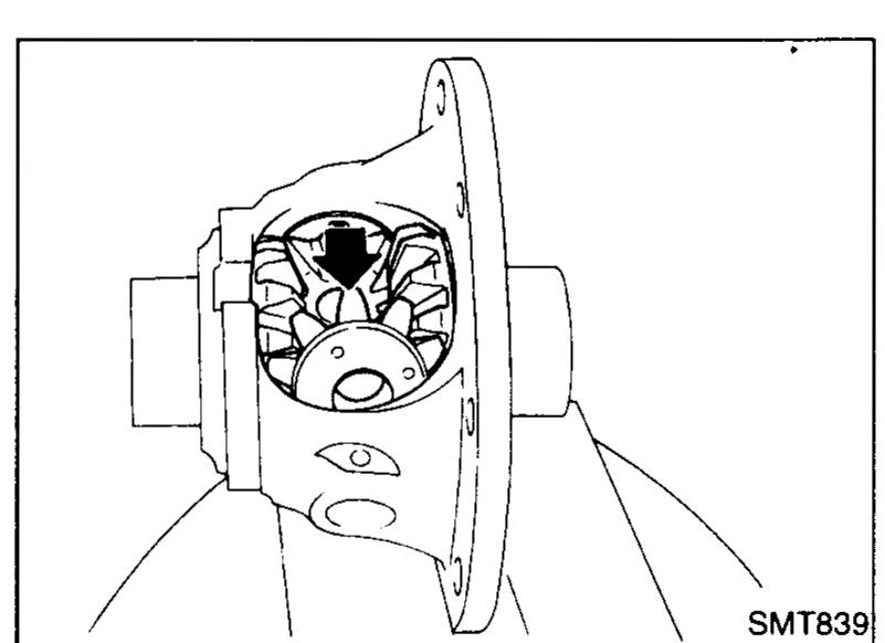 Open differential case viewed from the top with side gear thrust washers and side gears installed, and pinion mate washers/pinion mate gears positioned for assembly.