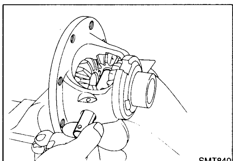 Side view of the differential with the pinion mate shaft being inserted through the case.