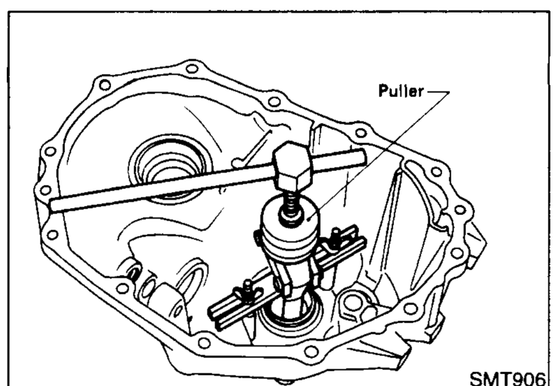 Puller mounted on the clutch housing being used to remove the mainshaft front and rear bearing outer race; shim(s) and oil channel come out with the race.