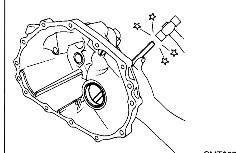 Pin punch used to drive out the differential side bearing outer race (transmission case side) and shim(s); star markers indicate strike points.