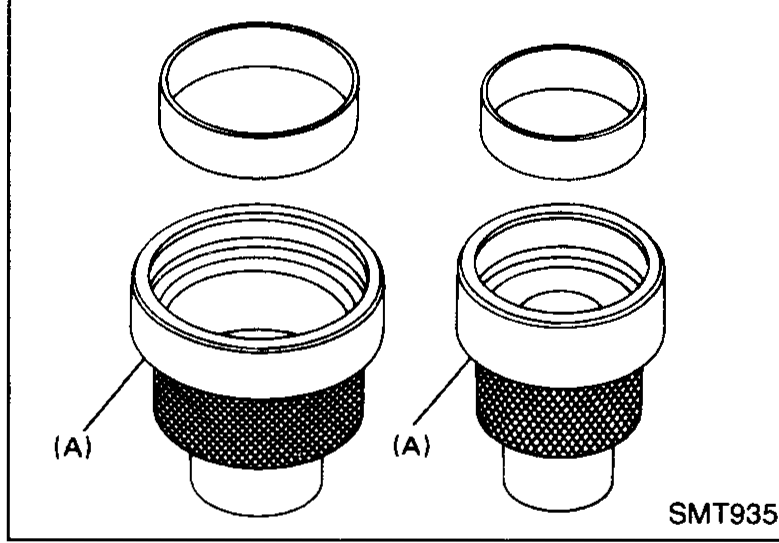 Two bearing outer races shown standing on end with adjuster sleeves (A) marked, ready to be installed on the mainshaft adjuster (A) and the differential side bearing adjuster (A).