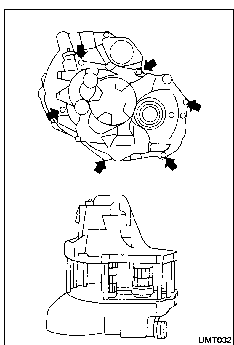 Top view of the transmission case mating surface with arrows pointing at the dowel-pin / collar positions where collars must be set, plus a side view of the case below.