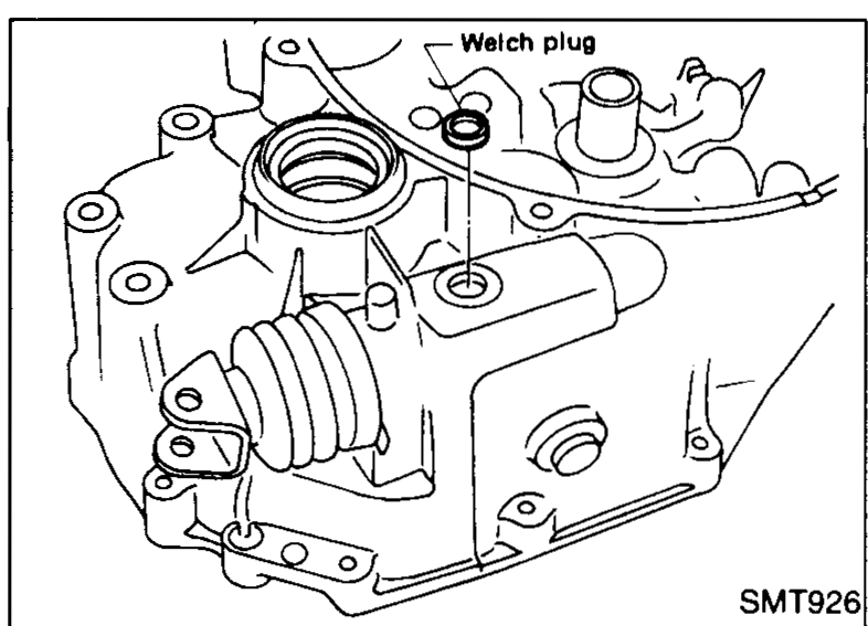 Clutch-housing interior with the welch plug being installed; callout 'Welch plug'.