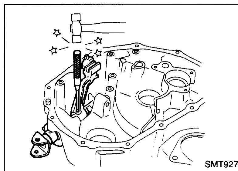 Installation of striking lever and change shift lever into the clutch housing; star markers and arrow indicate engagement points.