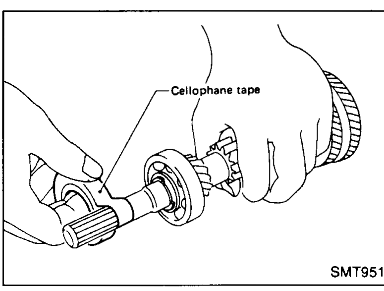 Shift fork assembly being attached to the mainshaft; gears visible on the shaft.