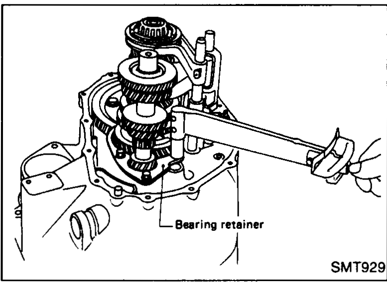 Both input shaft and mainshaft assembly raised slightly to allow the final drive assembly to be placed into the clutch housing.