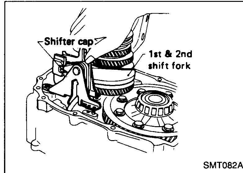 Top view showing the 1st & 2nd shift fork with the shifter cap still seated on its top, prior to removing the control bracket.