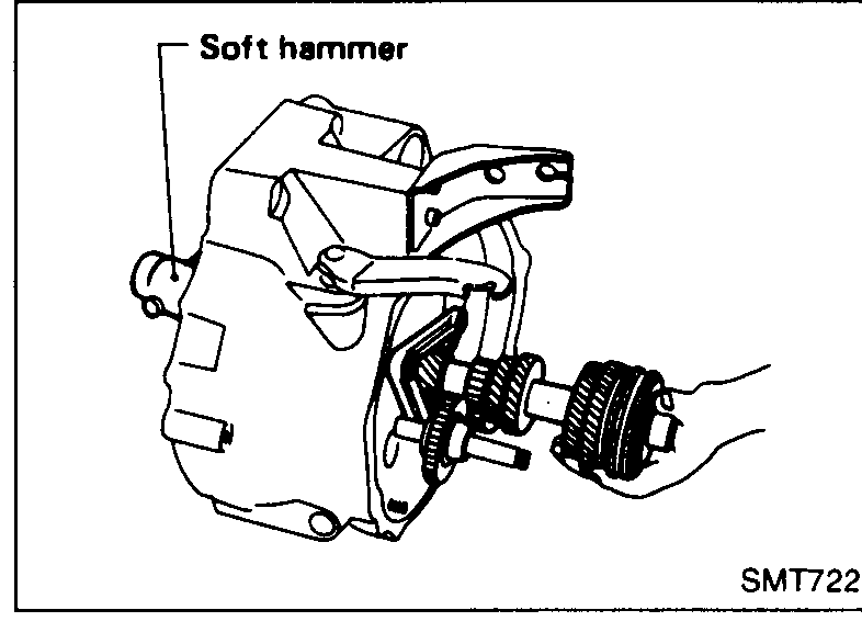 Bottom of clutch housing showing arrows pointing to the bearing-retainer securing bolts to be removed.