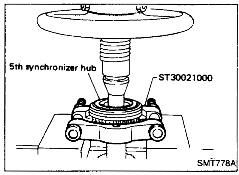 Special tool ST30021000 (puller/press) being used on the input shaft to remove the 5th synchronizer hub assembly along with 5th input gear and 5th gear needle bearing.