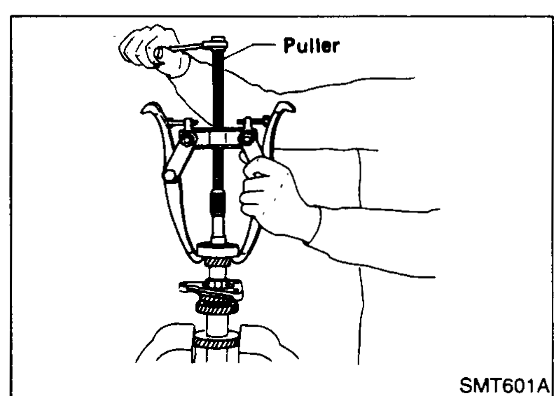Two-jaw bearing puller being used to pull the input shaft front bearing off the shaft.