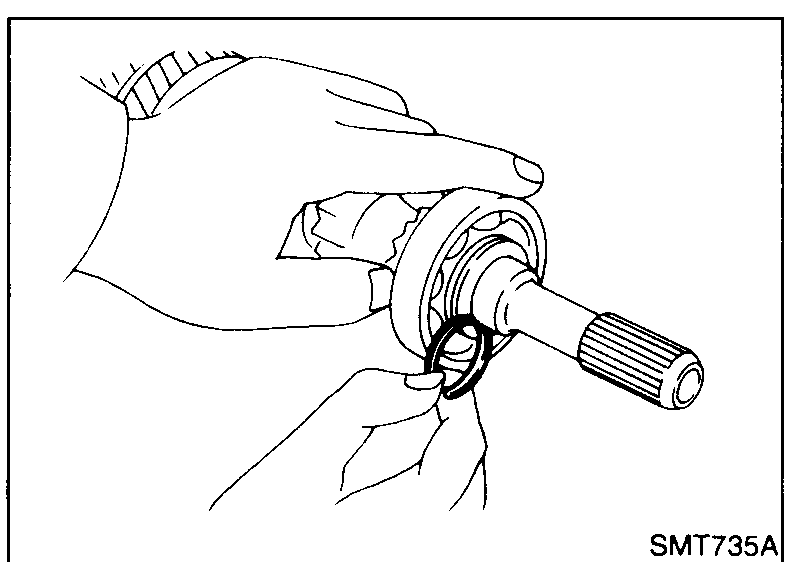 Special tool ST22350000 (press fixture) being used to install the bearing retainer onto the input shaft.