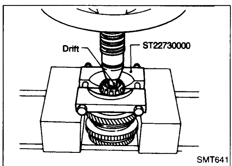 Press setup with drift over the mainshaft and special tool ST22730000 supporting the bearing from below to press out the mainshaft front bearing.