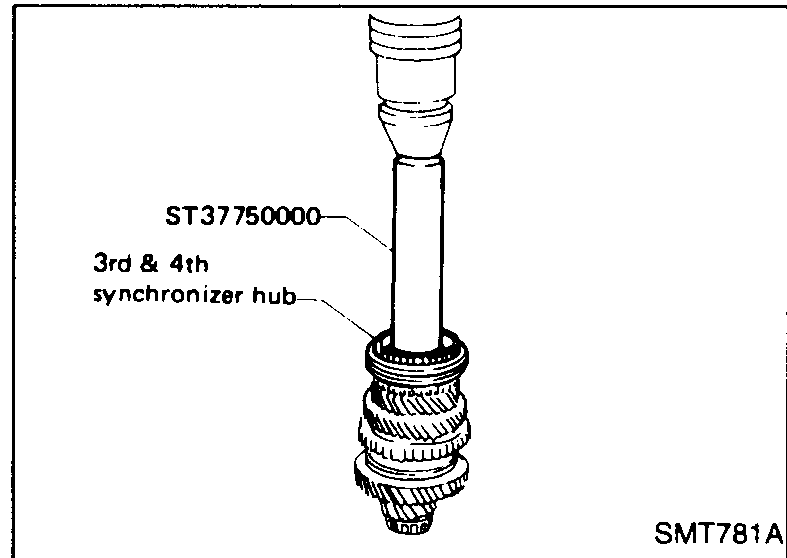 Special tool ST22452000 (press / installer) being used on the mainshaft to install 1st gear needle bearing, 1st main gear and press on 1st & 2nd synchronizer.