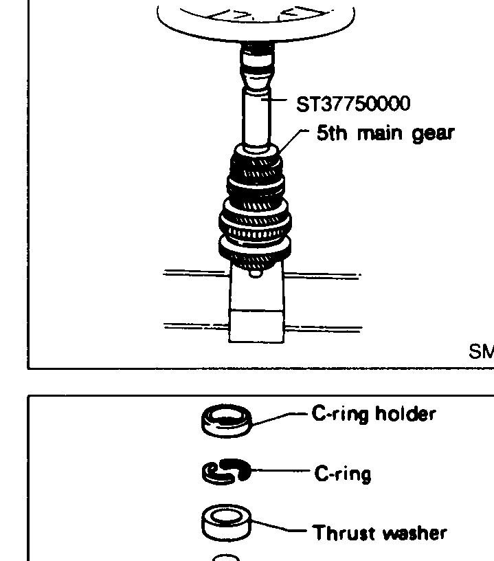 Special tool ST37750000 (gear installer) being used to press the 5th main gear onto the mainshaft.
