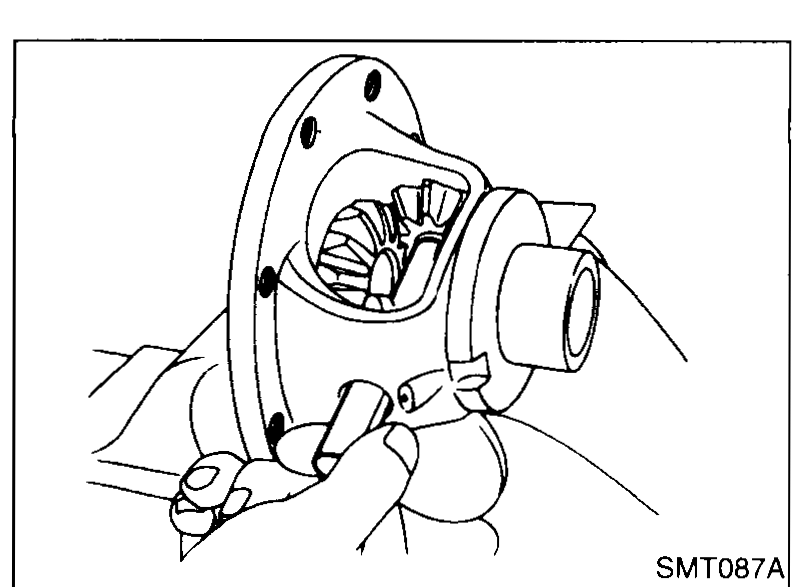 Two hands inserting the pinion mate shaft into the differential case after the pinion mate gears and side gears are seated.