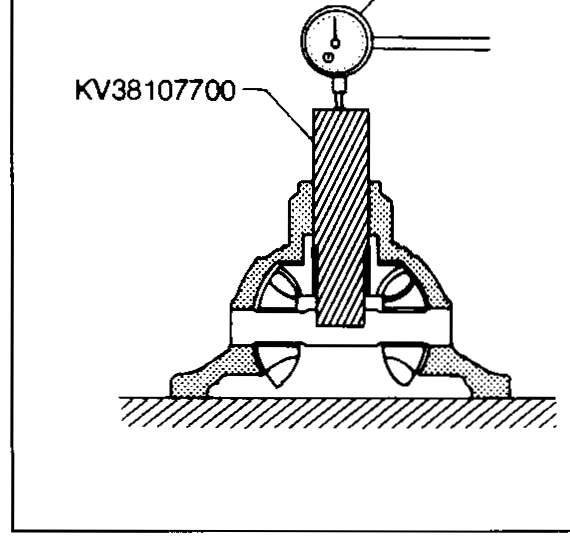 RS5F31V differential-case-side clearance measurement: dial indicator mounted on top of the case probes the side gear face.