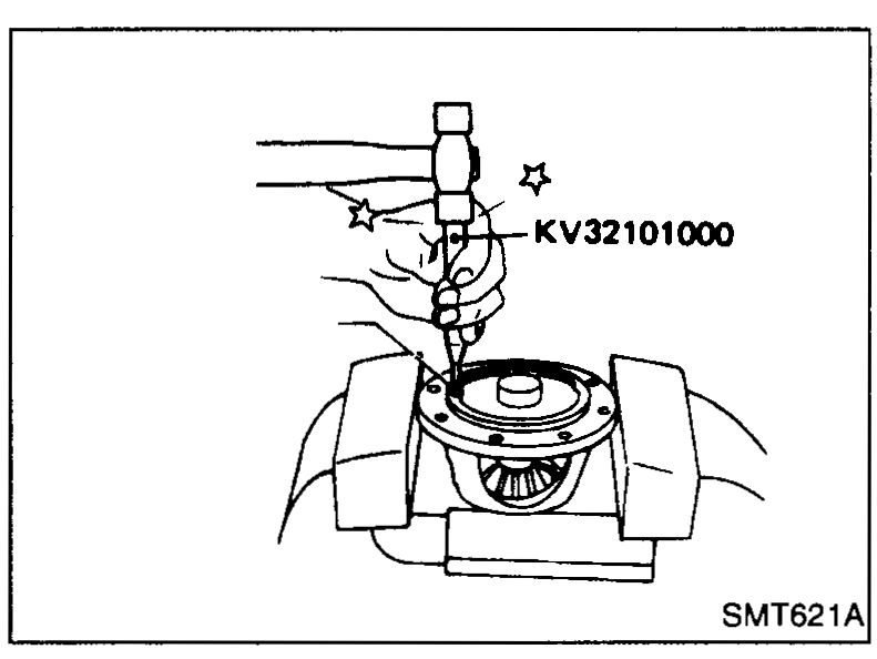 Special tool KV32101000 (pin punch) being used to drive the retaining pin into the differential case so it is flush with the case.