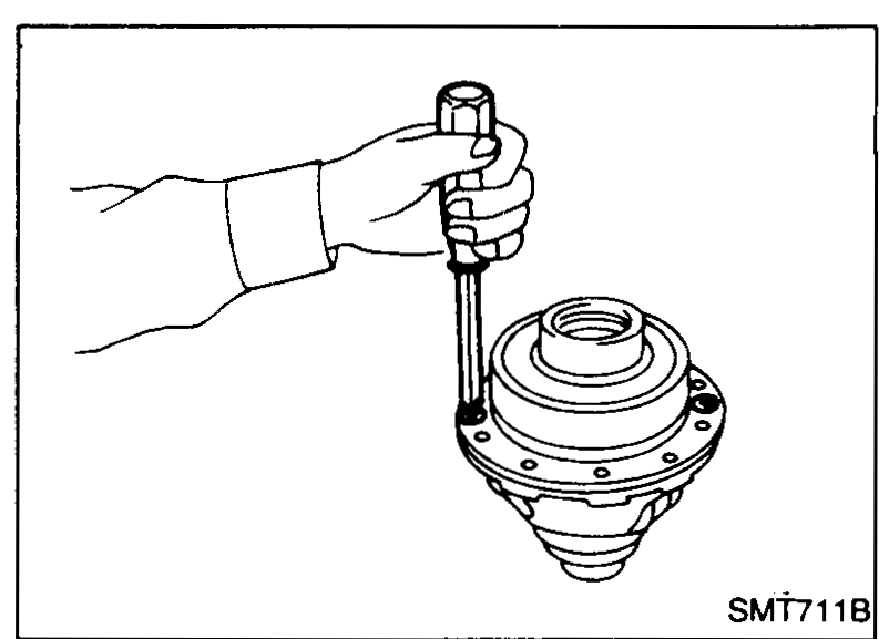Hands using a pin punch or drift to install the viscous coupling into the differential case on the RS5F31V variant.