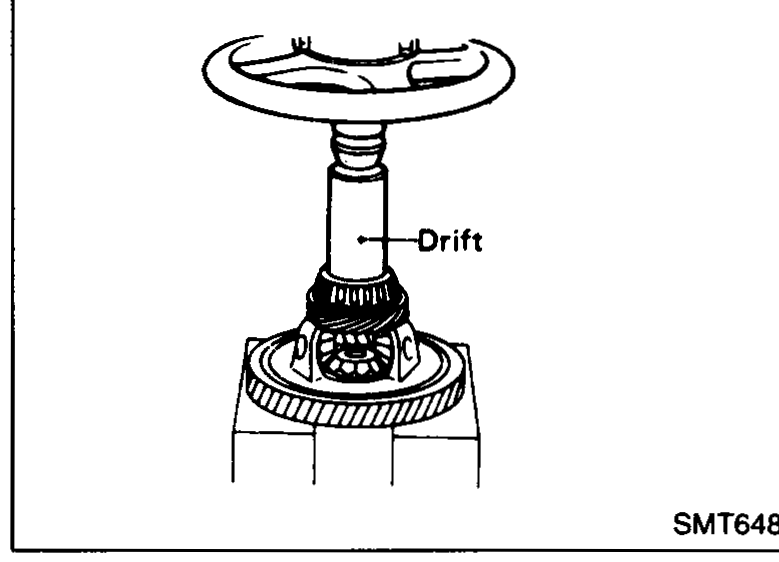 Tightening of final-gear fixing bolts on the differential case. Inset shows chamfer detail on the bolt with arrow indicating direction of insertion. Apply locking sealant to threads before installing.